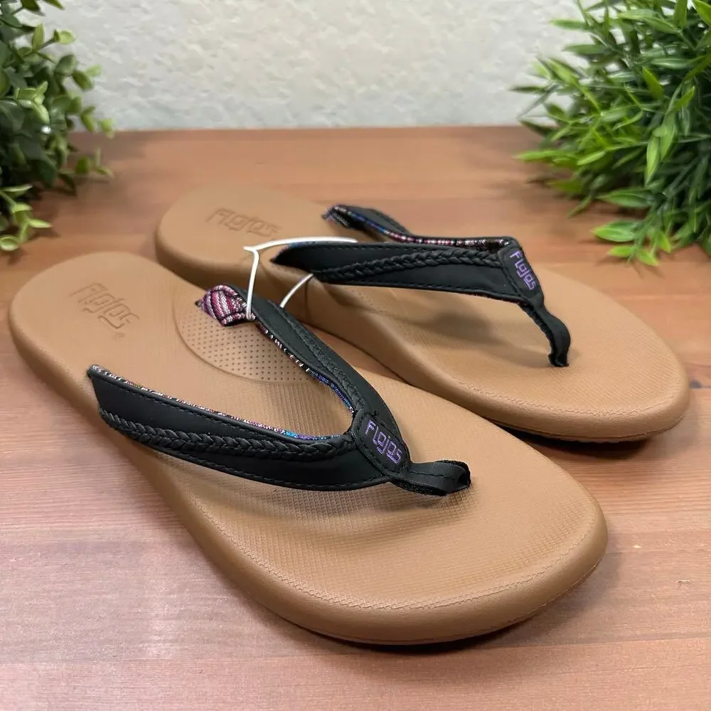 Flojos Women's Flip Flop Sandals Black‎ Tan Size 7